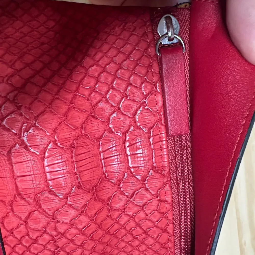 Folli Follie Womens Faux Leather Small Cosmetic Case Pouch Red Zipper Snake Skin